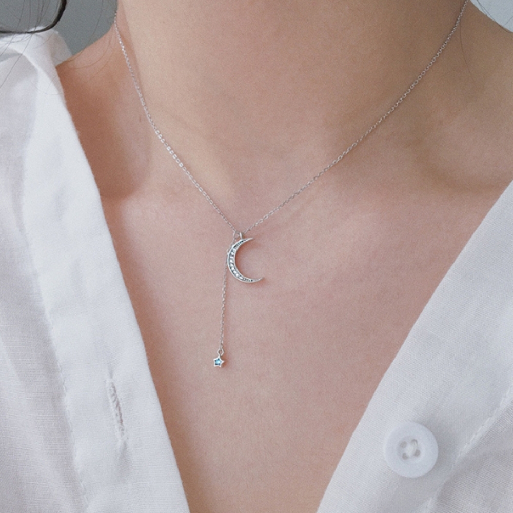 S925 sterling silver crescent moon blue zircon star necklace - Picture 3 of 8